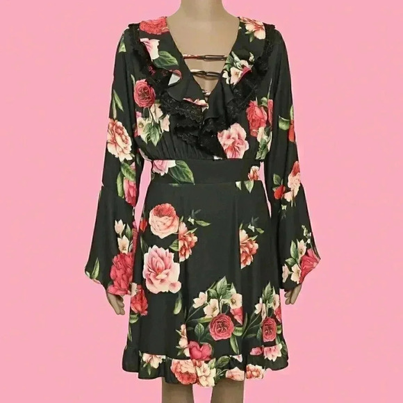 Summer Floral Print Long Sleeve Short Ruffled Dress‎ Medium Boho Flowy Party - Picture 1 of 5